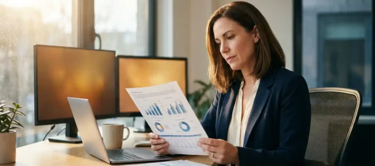 A businesswoman in casual office attire is studying a printed dashboard report at a modern desk, with charts and statistics visible.