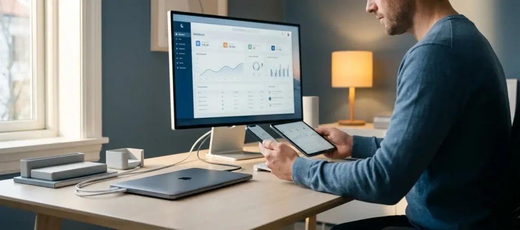 Professional aan modern bureau consolideert telefoon, laptop en tablet tot één unified dashboard, warme natuurlijke belichting.