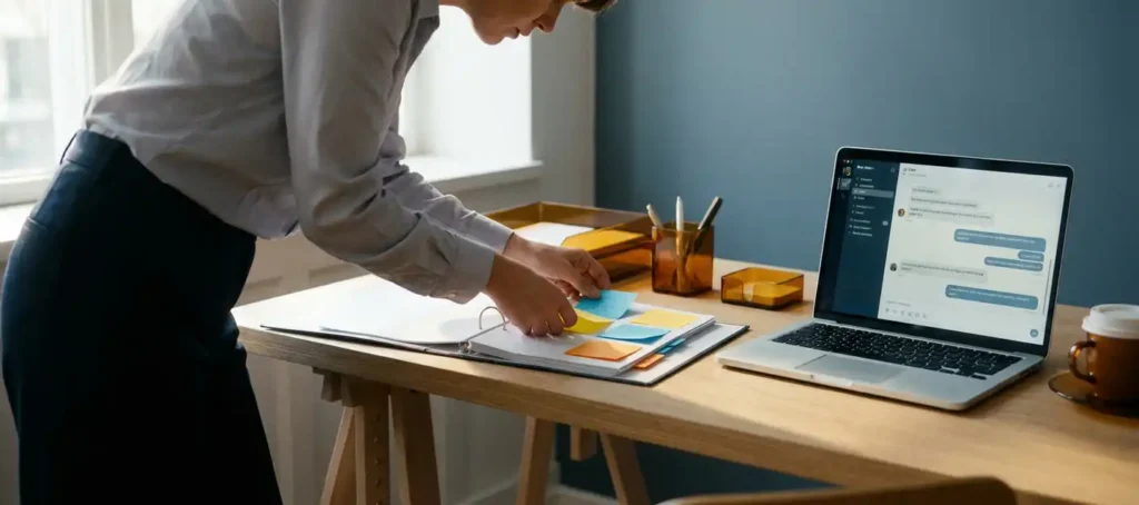 Professional organiseert kleurgecodeerde sticky notes en documenten in een map naast een laptop met chatinterface, warm kantoorlicht.