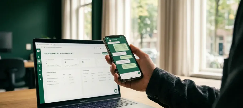 Professionele hand met smartphone met WhatsApp-interface, laptop met klantenservice-dashboard op de achtergrond, modern kantoor.