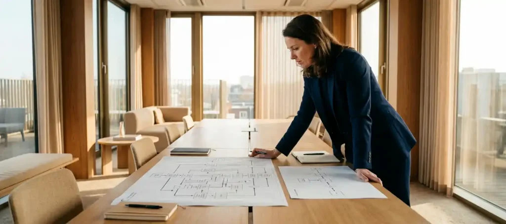 Professional in blazer compares complex B2B flow chart to simple consumer pad on conference table, warm office light.
