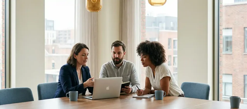 Drie diverse professionals overleggen rond een vergadertafel met laptop en notitieboeken in een modern Nederlands kantoor met natuurlijk daglicht.