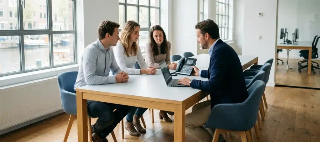Klein professioneel team in Nederlands kantoor rond vergadertafel, collega demonstreert VoIP-handset en laptop bij groot raam.