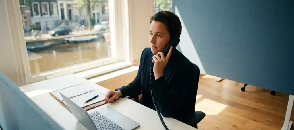 Zakelijke professional houdt telefoonhoorn vast aan modern bureau met laptop en notitieboek in Nederlands kantoor.