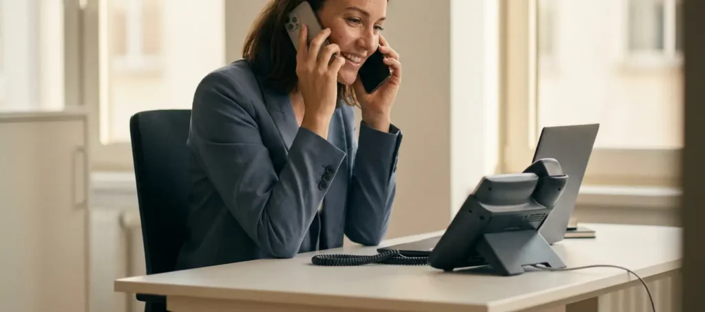 Professional gebruikt smartphone naast vaste bureautelefoon op modern kantoor, beide apparaten verbonden in één werkplek.