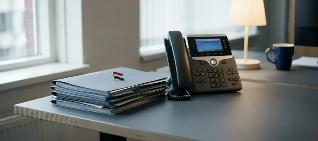 VoIP-bureautelefoon naast officiële documenten en een kleine Nederlandse vlag op een modern bureau.
