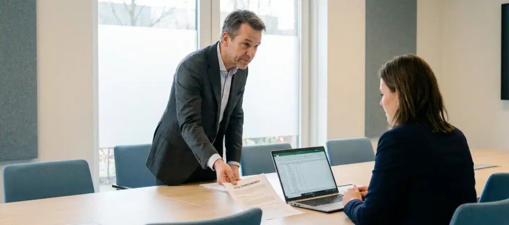 Nederlandse zakelijke consultant schuift een gegevensovereenkomst over een moderne vergadertafel naar een cliënt, laptop en daglicht op de achtergrond.