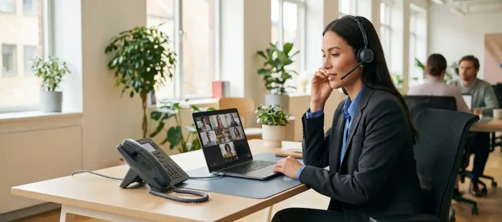 Professional met headset aan modern bureau, laptop met videogesprek en bureautelefoon verbonden, lichte kantooromgeving.