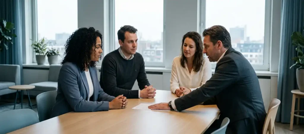 Three business professionals seated around a conference table in a modern Dutch office; one person has a hand on a shared document.