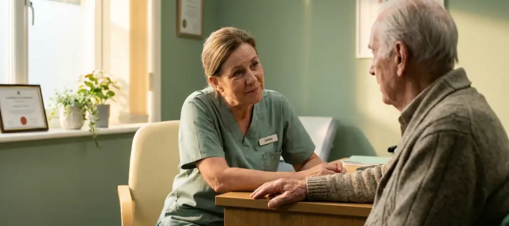Zorgverlener in scrubs luistert aandachtig naar oudere patiënt tijdens consult in rustige, lichte behandelkamer.