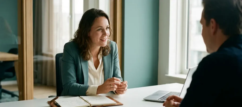 A woman listens intently to a colleague sitting at a white desk with a notebook and laptop in a modern Dutch office with natural light.