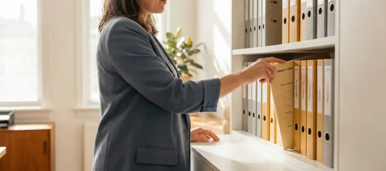 A professional pulls a specific folder from an organized filing system in a modern Dutch office with natural side lighting.