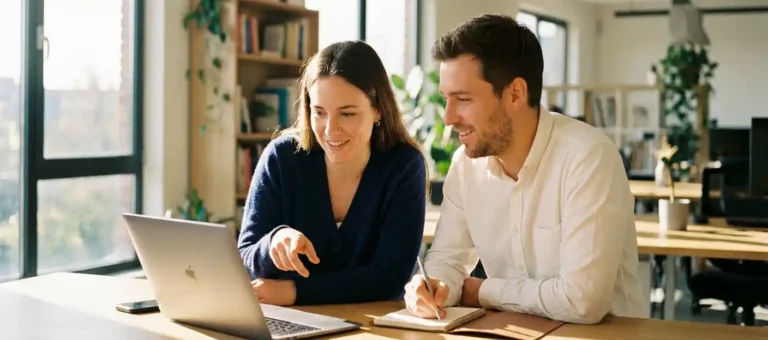 Two coworkers are huddled over a laptop in a modern office; one is pointing at the screen while the other takes notes.