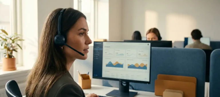 A contact center agent wearing a headset listens intently at a modern workstation with waveform graphs displayed on a monitor.