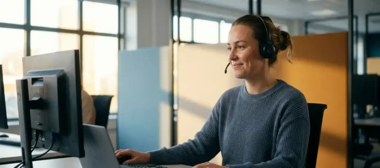 A contact center agent wearing a headset smiles as she looks at her monitor during a call with a customer in a modern office bathed in natural light.