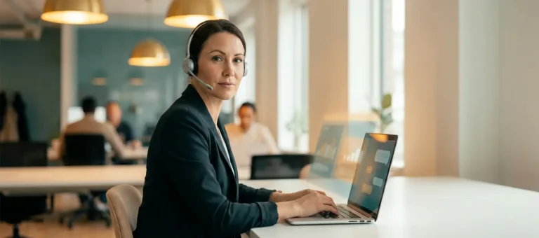 A customer service representative wearing a headset at a modern desk, intently looking at a laptop displaying data visualizations, in a professional office setting.