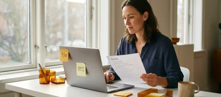 A contact center agent reviews an evaluation checklist at a modern desk with a laptop and feedback scores on sticky notes, bathed in warm, natural light.