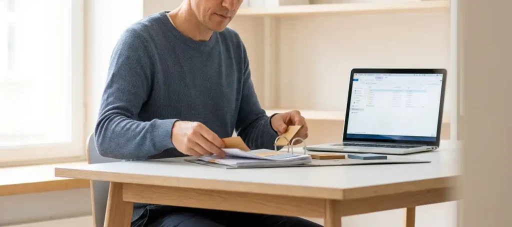 A professional organizes documents and sticky notes in a binder on a modern desk with a laptop, where the folder structure is visible.