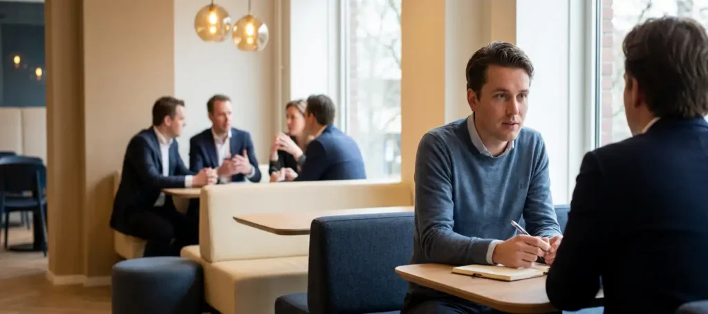 A person is leaning forward intently at a café table with an open notebook; in the background, a group of four is talking.