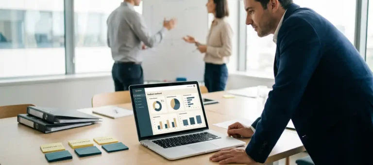 A business professional looks at a feedback dashboard on a laptop during a meeting, with customer journey notes and binders on the conference table.