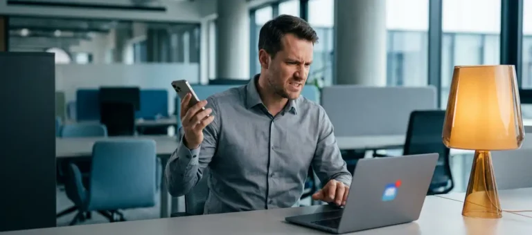 A frustrated customer pulls the phone away from his ear after missing a business call; a laptop with an unread notification sits on a modern office desk.