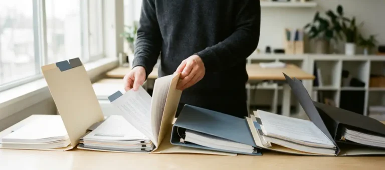 Five organized binders with color-coded tabs on a modern desk; hands flipping through documents in natural light.
