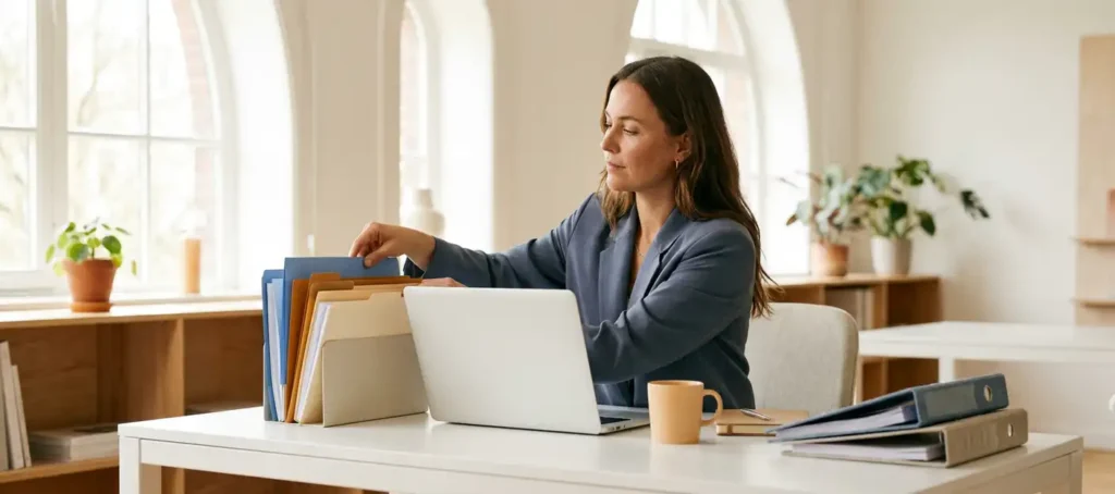A professional organizes color-coded folders and a laptop on a tidy desk in a bright Dutch office decorated in warm tones.