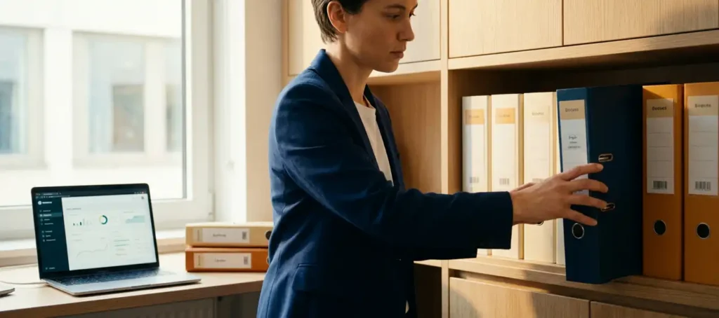 A professional takes an organized binder from an office shelf next to a laptop with a dashboard, warm natural light, and a tidy, modern desk.