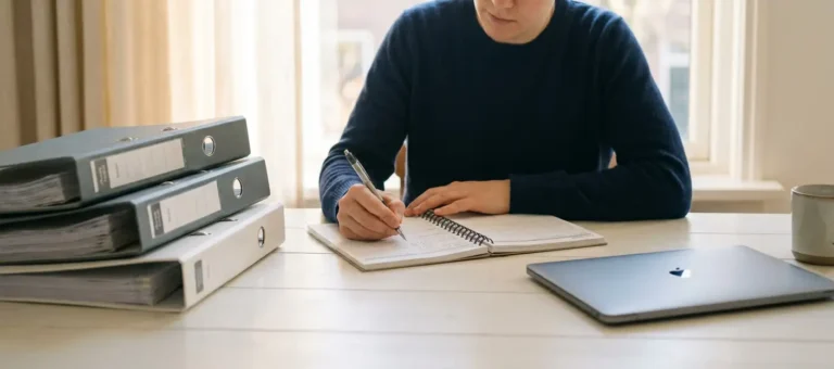 A professional writes structured notes in a notebook at a modern desk with a laptop and file folders, in a cozy office with natural light streaming in through the window.