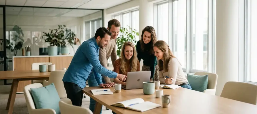 Coworkers in a modern Dutch office are looking at a laptop together, with notebooks and coffee cups on the table.