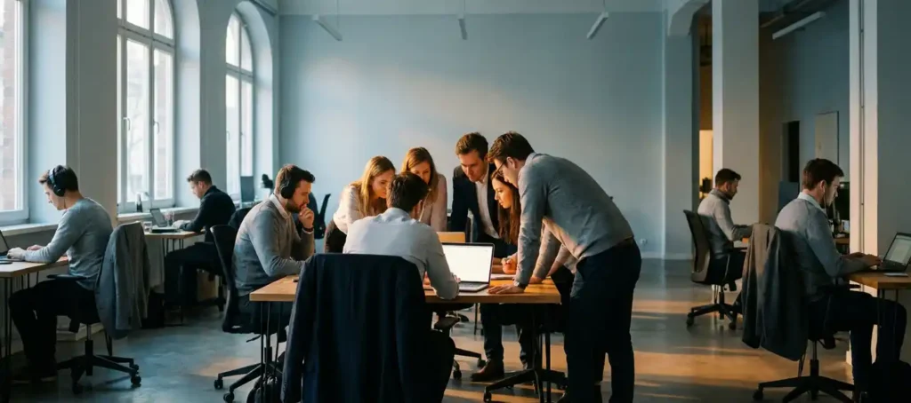 Colleagues gathered around a single laptop in an open-plan office, while other employees work in isolation, symbolize the fragmentation of knowledge.