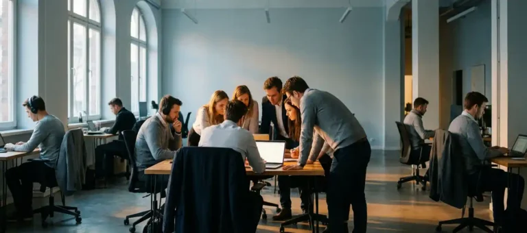 Colleagues gathered around a single laptop in an open-plan office, while other employees work in isolation, symbolize the fragmentation of knowledge.