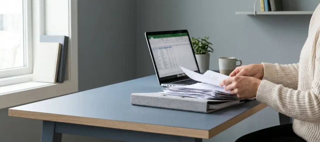 A professional organizes scattered documents into a structured folder on a modern desk, with a laptop open, bathed in soft, natural light.