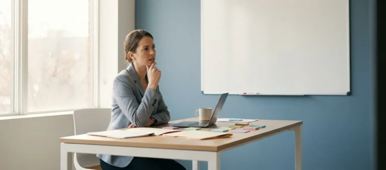 A professional sitting at a modern desk with sticky notes and folders, staring at an empty whiteboard in an office with natural daylight.
