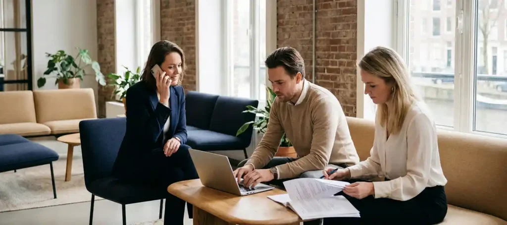 Three professionals in a modern Dutch office: one is on the phone, one is typing on a laptop, and one is reviewing documents, all bathed in warm, natural light.