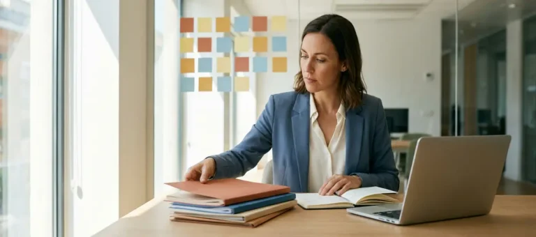 A woman at a modern desk organizes color-coded folders next to her laptop, with a structured grid of sticky notes on a glass wall.