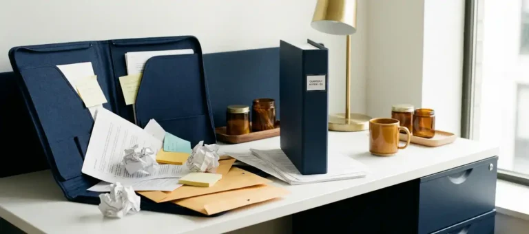 A messy pile of papers and sticky notes on a modern desk with a single neatly labeled binder, soft, natural side lighting.