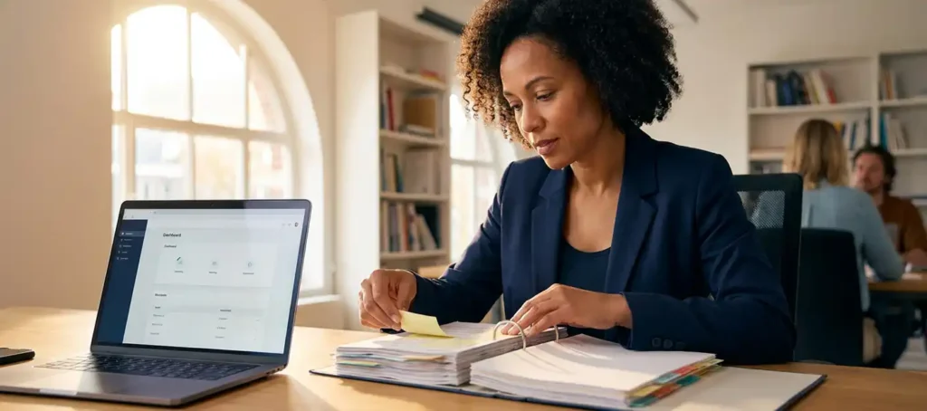 A knowledge manager in a modern Dutch office who is updating a structured binder filled with documents and sticky notes, with her laptop open next to her, displaying a dashboard.