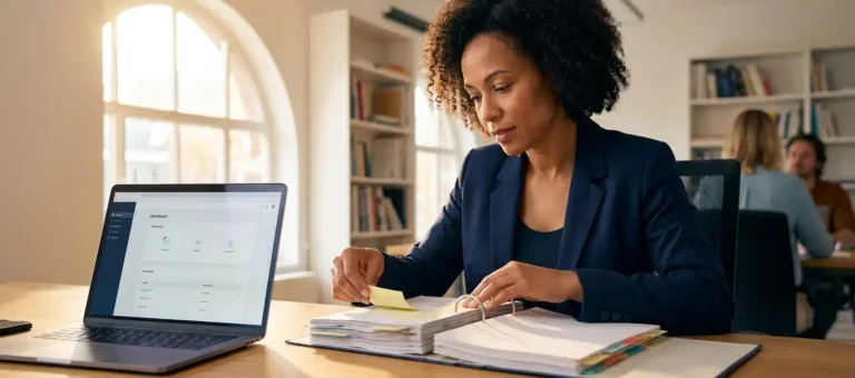 A knowledge manager in a modern Dutch office who is updating a structured binder filled with documents and sticky notes, with her laptop open next to her, displaying a dashboard.