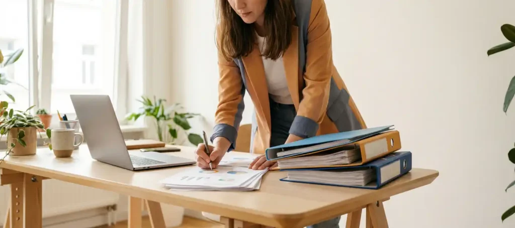 A knowledge manager annotates printed performance dashboards at a modern desk with a laptop and binders, in a warm office with natural light streaming in through the windows.