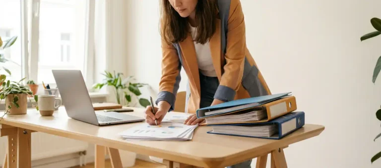 A knowledge manager annotates printed performance dashboards at a modern desk with a laptop and binders, in a warm office with natural light streaming in through the windows.