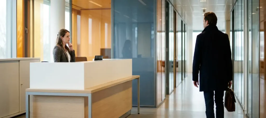 A customer walks out of a modern glass-walled office corridor carrying a briefcase, while a customer service representative watches thoughtfully from the reception desk.