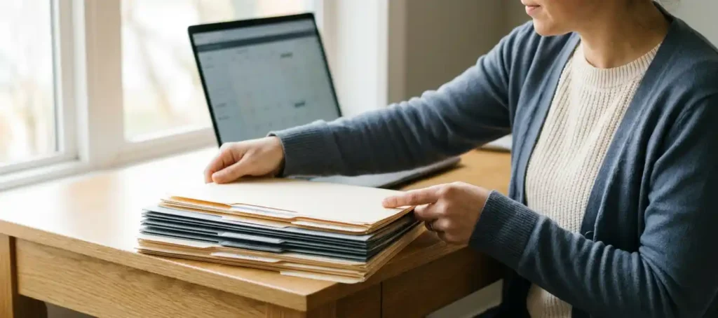 A customer service representative is organizing a stack of document folders on a white desk, with a laptop in the background and warm, natural light.