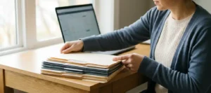 A customer service representative is organizing a stack of document folders on a white desk, with a laptop in the background and warm, natural light.