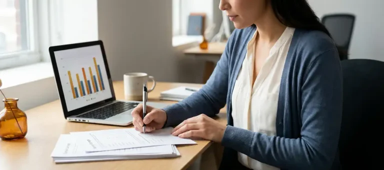 A customer service representative is reviewing survey forms at a modern desk with a laptop displaying bar charts, bathed in warm, natural side lighting.
