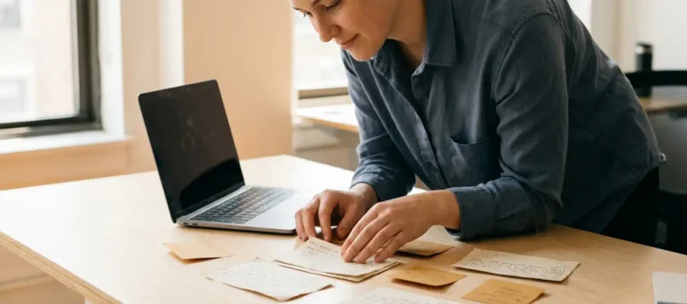 A customer service representative reviews sticky notes and feedback cards at a modern desk with a laptop, bathed in warm natural light.