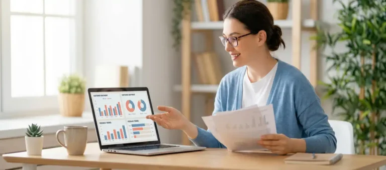 A customer service representative reviews feedback reports and sentiment charts on a laptop at a modern desk with natural light coming in through the window.