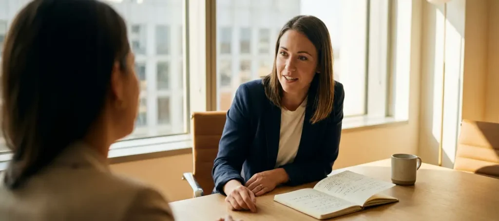 A customer service representative listens attentively to a customer at a modern desk with a notebook open in front of them, bathed in warm office lighting.