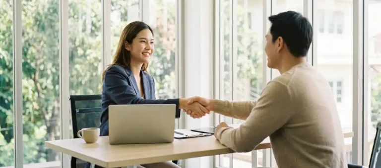 A customer service representative and a satisfied customer shake hands at a modern desk with a laptop and a cup of coffee in a bright office.