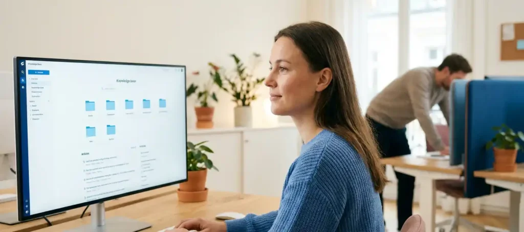 A customer service representative consults a structured digital knowledge base on a large screen in a modern Dutch office.